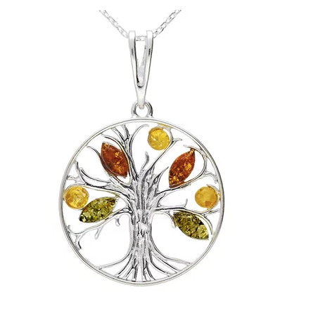 Mixed Amber Silver Tree of Life Pendant
