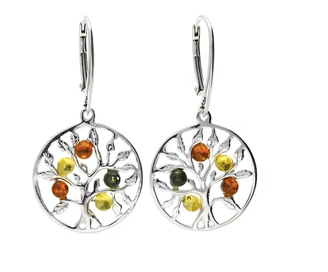 Multi coloured Amber Tree of Life Earrings