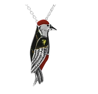 Fabulous Woodpecker Amber and silver Pendant