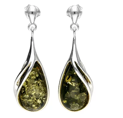 Green Amber Pear Shaped silver Drop Earrings