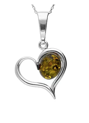 Simple Silver Heart Pendant set with Green Amber
