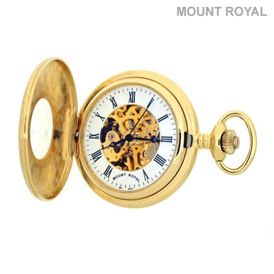 Gold Plated Half Hunter Skeleton Mechanical Pocket Watch Mount Royal - B6 