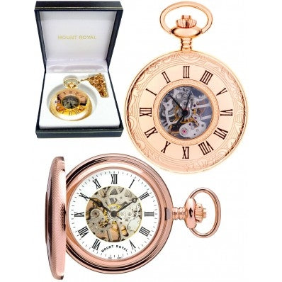 Peaky Blinder Style Mount Royal Half Hunter Skeleton Pocket Watch 17 Jewel Rose Gold-Plated B45